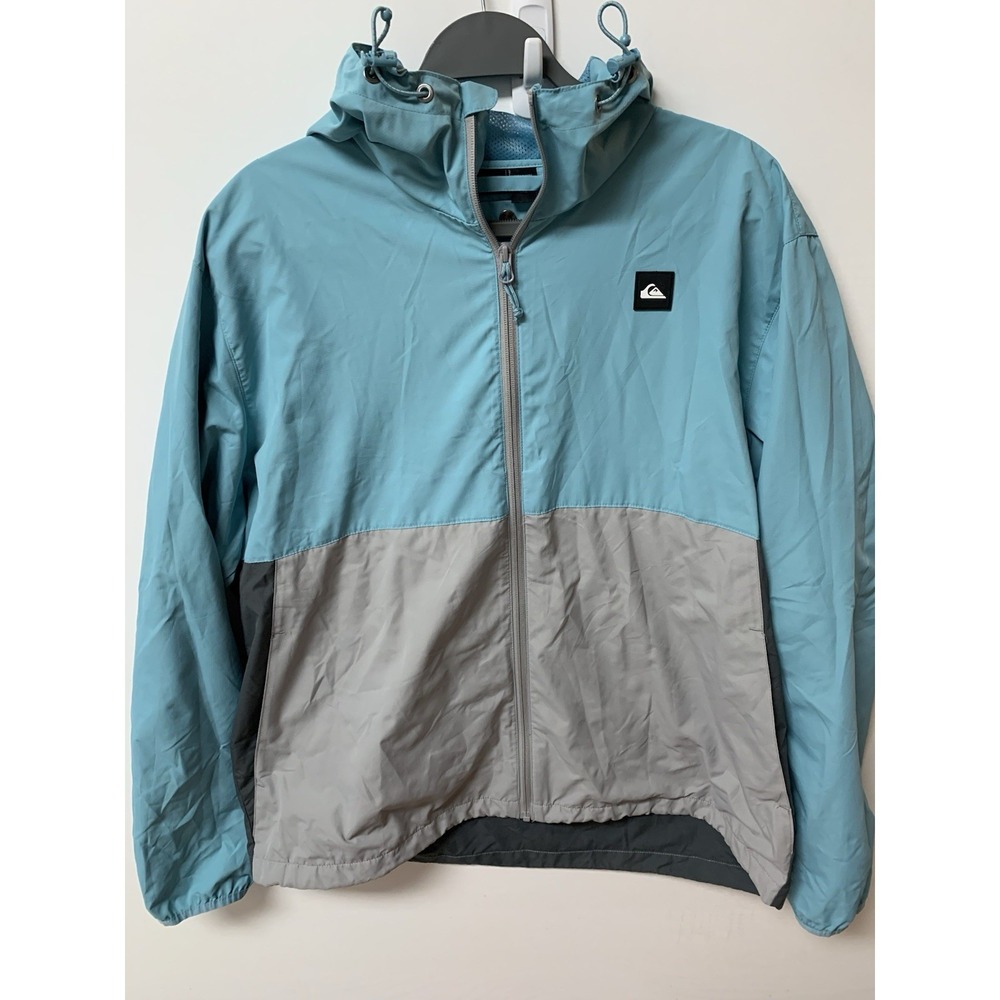 Quiksilver Jacket Mens XL Blue Gray Hooded Packable Windbreaker Outdoor School